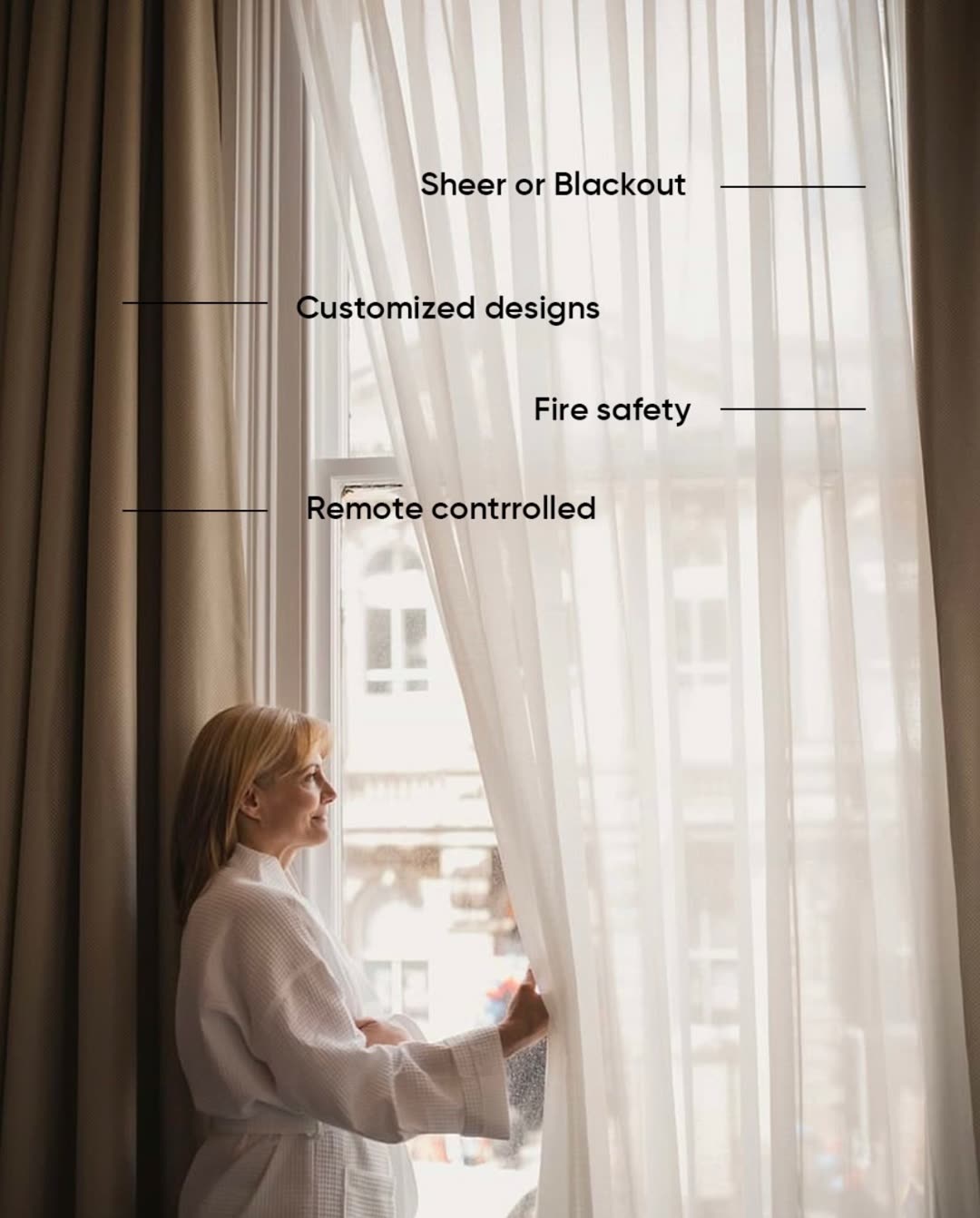 Hotel curtains, sheer or blackout, with safety specifications