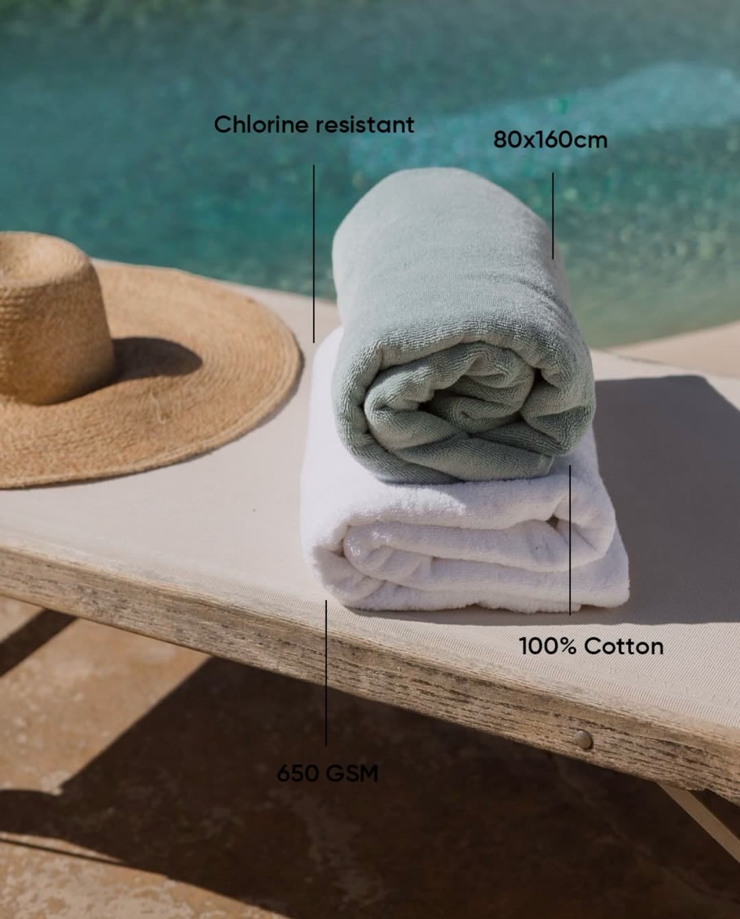Chlorine-resistant pool towel with weight specifications