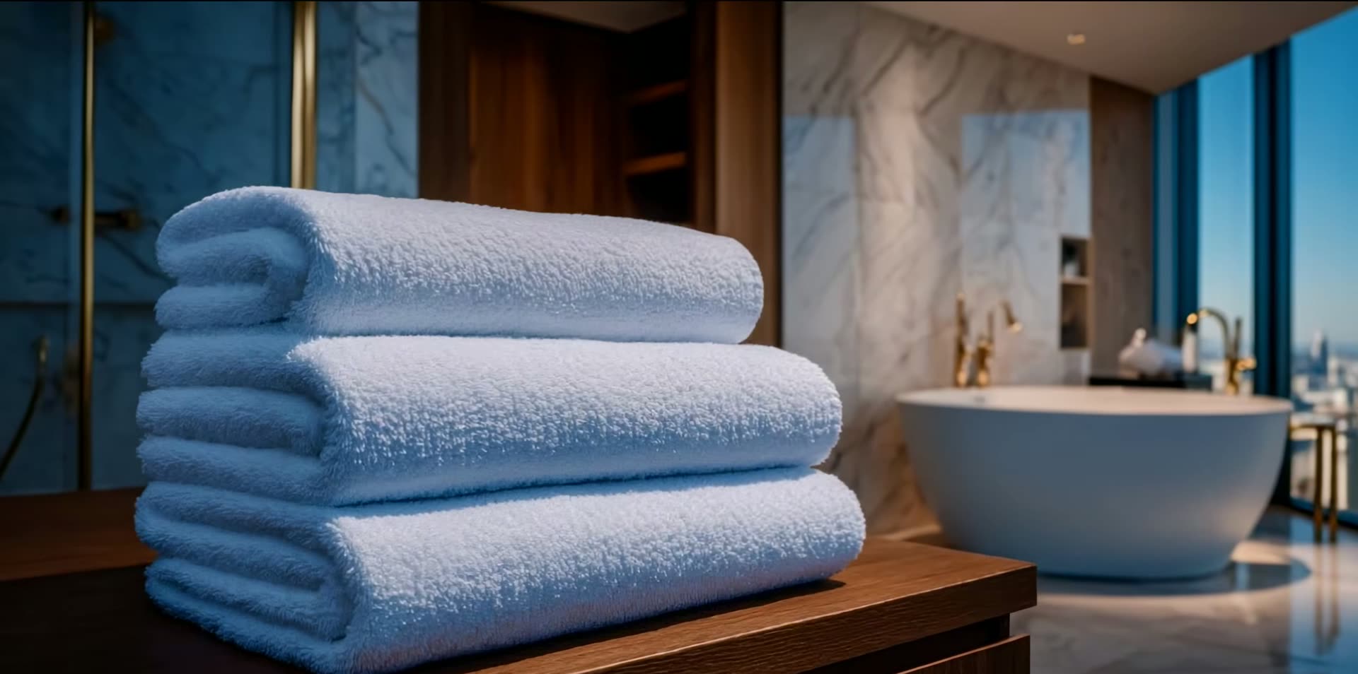 Folded white hotel towels beside a bath